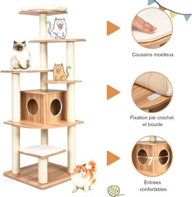 Arbre à Chat XXL 175 CM en Bois, avec Plateformes, Coussins Confortables, Poteaux en Sisal, Conception Anti-Bascule, Naturel