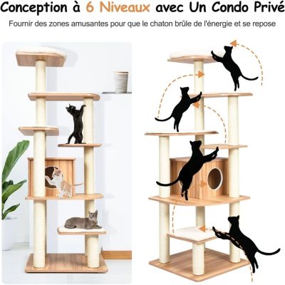 Arbre à Chat XXL 175 CM en Bois, avec Plateformes, Coussins Confortables, Poteaux en Sisal, Conception Anti-Bascule, Naturel