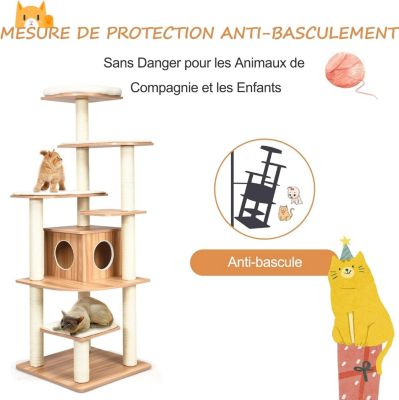 Arbre à Chat XXL 175 CM en Bois, avec Plateformes, Coussins Confortables, Poteaux en Sisal, Conception Anti-Bascule, Naturel