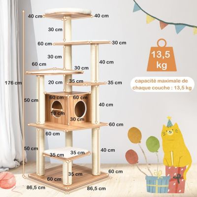 Arbre à Chat XXL 175 CM en Bois, avec Plateformes, Coussins Confortables, Poteaux en Sisal, Conception Anti-Bascule, Naturel