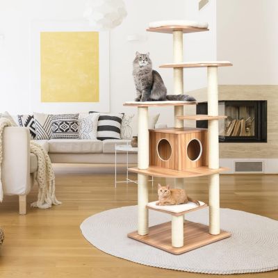 Arbre à Chat XXL 175 CM en Bois, avec Plateformes, Coussins Confortables, Poteaux en Sisal, Conception Anti-Bascule, Naturel
