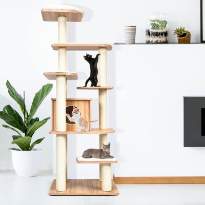 Arbre à Chat XXL 175 CM en Bois, avec Plateformes, Coussins Confortables, Poteaux en Sisal, Conception Anti-Bascule, Naturel