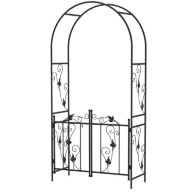 Arche de jardin avec portillon treillis style fer forgé feuilles vigne acier thermolaqué noir