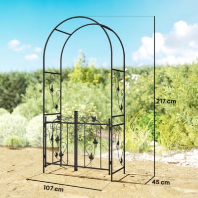 Arche de jardin avec portillon treillis style fer forgé feuilles vigne acier thermolaqué noir