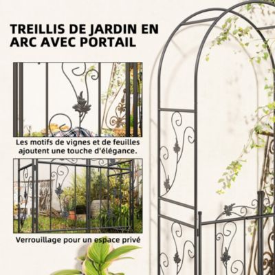 Arche de jardin avec portillon treillis style fer forgé feuilles vigne acier thermolaqué noir