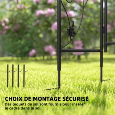Arche de jardin avec portillon treillis style fer forgé feuilles vigne acier thermolaqué noir
