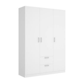 Argentella Armoire, Cintre pour chambre à coucher, Armoire avec 3 portes battantes et 2 tiroirs, 150x52h215 cm, Blanc