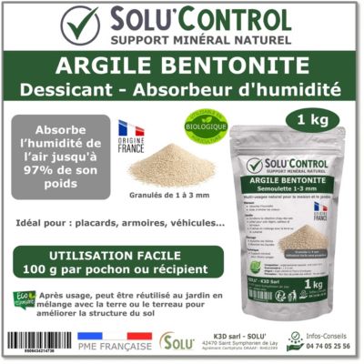 Argile Bentonite Naturelle - Dessicant et Absorbeur d Humidite - Semoulette 1-3 mm - Solu Control - Sachet de 1kg