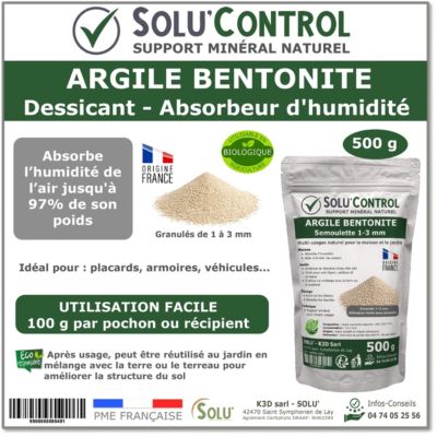Argile Bentonite Naturelle - Dessicant et Absorbeur d Humidite - Semoulette 1-3 mm - Solu Control - Sachet de 500g