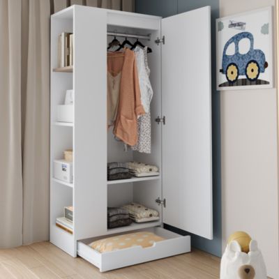 Armoire 1 Porte avec Étagères et Tiroir de Rangement, Meuble de Chambre Fonctionnel, Blanc 70x40x170 cm