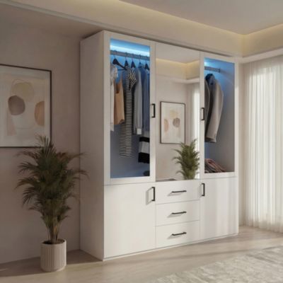 Armoire 130cm 2 Portes Miroir Central LED Couleur Reglable 3 Tiroirs