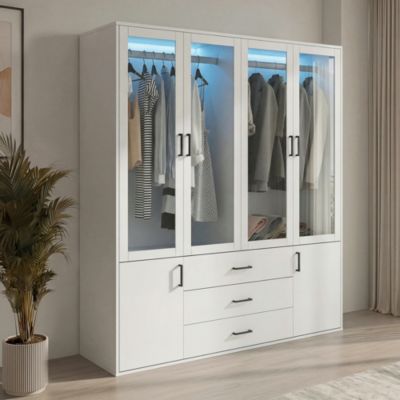 Armoire 160cm 4 Portes Vitrees LED Couleur Reglable 3 Tiroirs Rangement
