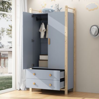 Armoire 2 Portes avec Tiroirs/Penderie, Meuble Chambre Spacieux et Pratique - Bois Massif+MDF, Bleu, 90x45x180 cm
