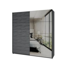 Armoire 2 portes coulissantes 200cm Coloris gris effet bois avec miroir. Collection FLOYD