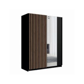 Armoire 2 portes coulissantes avec miroir 150 cm - noir et chêne - Collection STRANO