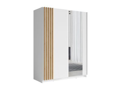 Armoire 2 portes coulissantes - Avec miroir - L150 cm - Blanc et naturel - CALELA