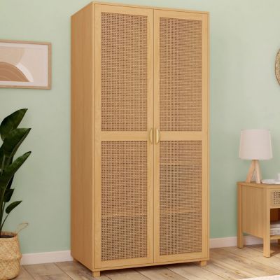 Armoire 2 portes EDHEN bois et cannage penderie 80 cm avec étagères rangement
