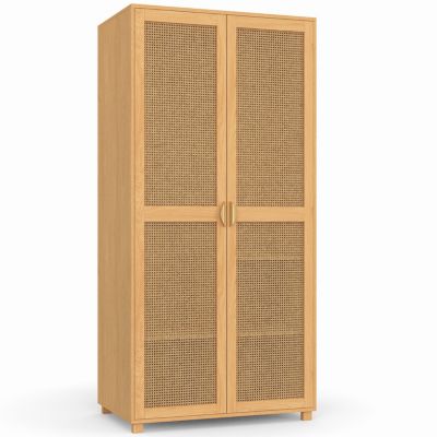 Armoire 2 portes EDHEN bois et cannage penderie 80 cm avec étagères rangement