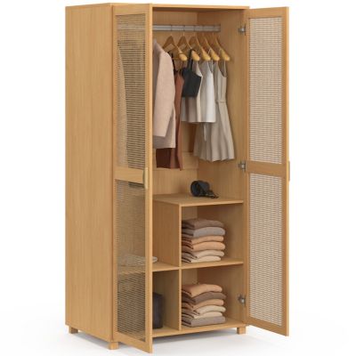 Armoire 2 portes EDHEN bois et cannage penderie 80 cm avec étagères rangement