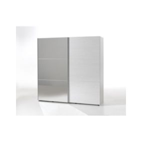 Armoire 200 cm pour chambre avec 2 portes coulissantes dont une avec miroir, collection OLGA, blanc effet bois