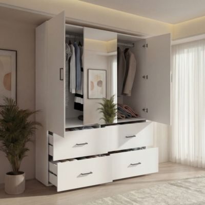 Armoire 3 portes avec miroir, 4 tiroirs et espace penderie, penderie intégrée, 130 x 51.8 x  181.5 cm, blanc