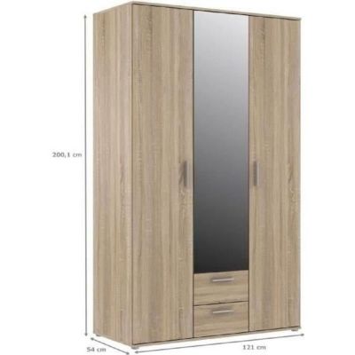 Armoire 3 portes battantes avec 1 miroir + 2 tiroirs - chêne Sonoma - 121 x 54 x 200 cm - SELKEÄ