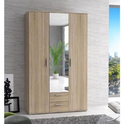 Armoire 3 portes battantes avec 1 miroir + 2 tiroirs - chêne Sonoma - 121 x 54 x 200 cm - SELKEÄ