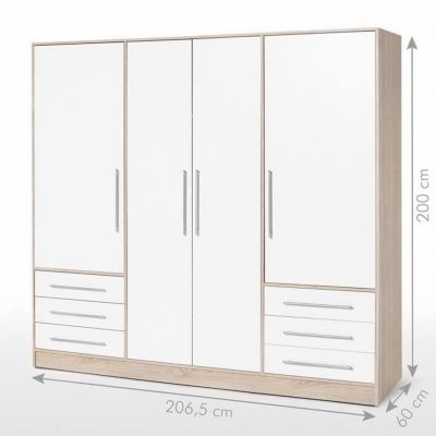 Armoire 4 portes battantes + 6 tiroirs- Bois aggloméré - Chene et blanc - L 206 x P 60 x H 200 cm - JUPITER