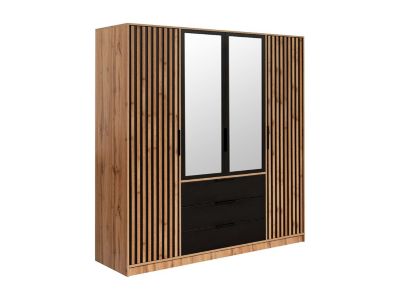 Armoire 4 portes et 3 tiroirs - Avec miroir - L196 cm - Coloris : Naturel et noir - LIRMADA