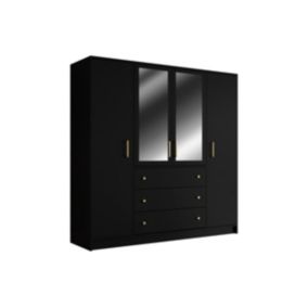 Armoire 4 portes et 3 tiroirs - Avec miroirs - L196 cm - Noir - LIZANDRO