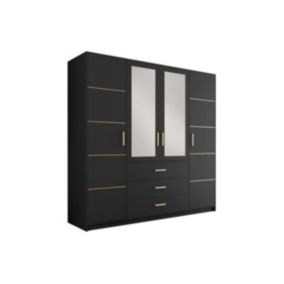 Armoire 4 portes et 3 tiroirs - Avec miroirs - L196 - Noir et doré - MONLIO