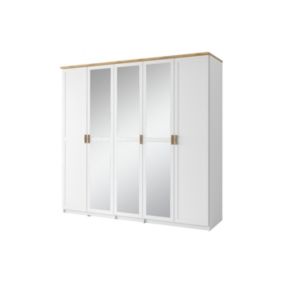 Armoire 5 Portes 226cm collection JASPER, Coloris blanc, finition chêne wotan, idéal pour une grande chambre