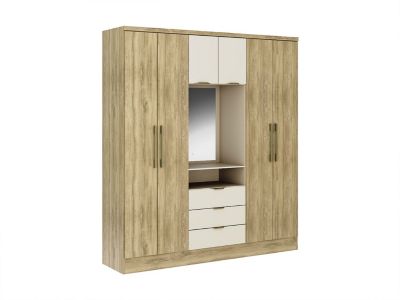 Armoire 6 portes et 3 tiroirs - Avec miroir - L180 cm - Coloris : Naturel et beige - ELORIO