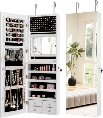 Armoire a Bijoux avec Miroir Armoire à Bijoux Murale 2 en 1 avec Lumière LED Tiroirs Verrouillable Blanc