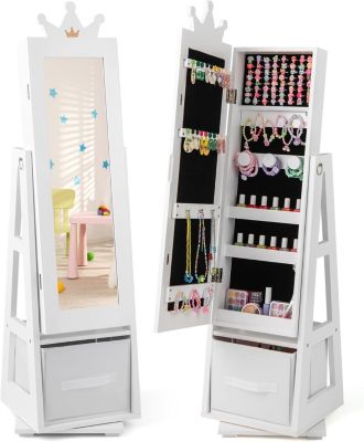 Armoire a Bijoux Enfant Fille 3 en 1 Armoire à Bijoux avec Miroir sur Pied Blanc