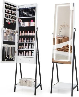 Armoire a Bijoux-Miroir Pleine Longueur-Lumiere LED a 3 Couleurs-Etagere Inferieure Tiroirs Miroir de Maquillage Blanc