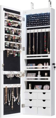 Armoire à Bijoux Avec Miroir 2 En 1,Armoire De Rangement Sur Pieds Grande Capacite Rangement Bijoux Etagere H 152cm Blanc