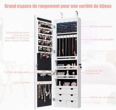 HOMASIS Armoire à Bijoux Mural Avec Miroir - LED Automatique - Organisation Rangement Bijoux - Blanc - Économie D'Espace