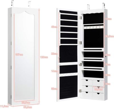 Armoire a Bijoux Mural avec Miroir et Lumiere LED Armoire de Rangement Mural Miror Porte-Bijoux Tiroir Nomal Blanc