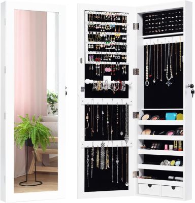 Armoire a Bijoux Mural avec Miroir Integre et Lumiere LED Armoire de Rangement Cosmetiques Verrouillable Blanc