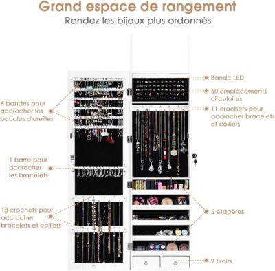 Armoire a Bijoux Mural avec Miroir Lumiere LED Armoire de Rangement Miroir Porte Bijoux avec Serrure et 2 Tiroirs