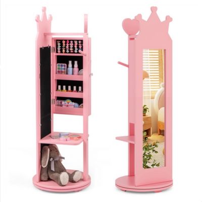 Armoire a Bijoux pour Enfant 3 en 1 Armoire à Bijoux sur Pied avec Miroir Pleine Longueur Rose