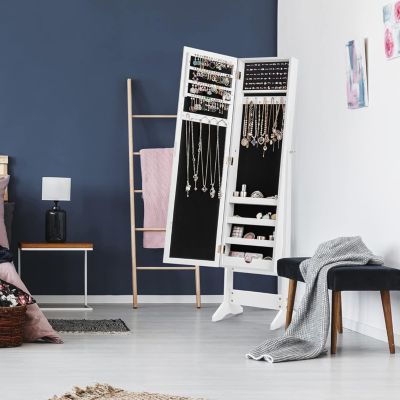 Armoire a Bijoux sur Pied avec Miroir Inclinable en 3 Positions Armoire de Rangement Cosmetiques de Grande Capacite