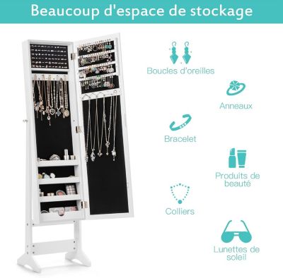 Armoire a Bijoux sur Pied avec Miroir Inclinable en 3 Positions Armoire de Rangement Cosmetiques de Grande Capacite