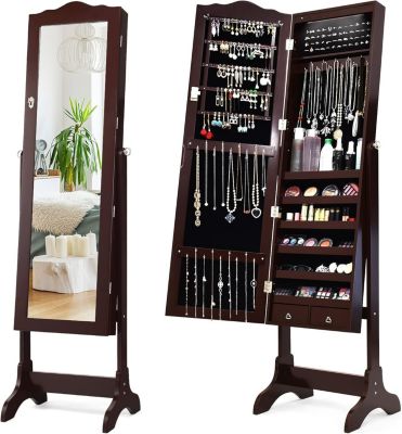 Armoire a Bijoux sur Pied avec Miroir Meuble a Bijoux de Dessus Arc avec 14 Lumieres LED 6 Etageres de Rangement Brun