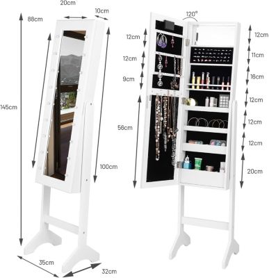 Armoire a Bijoux sur Pied Rangemen avec Miroir Plein Longueur Lumieres LED sur le Miroir