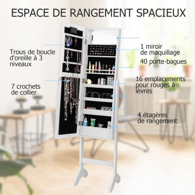 Armoire a Bijoux sur Pied Rangemen avec Miroir Plein Longueur Lumieres LED sur le Miroir