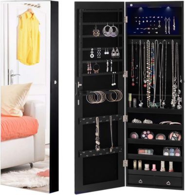 Armoire a Bijoux Suspendu avec Eclairage LED Miroir Plein sans Cadre et 2 Tiroirs pour Ranger Boucles Oreilles Colliers Noir