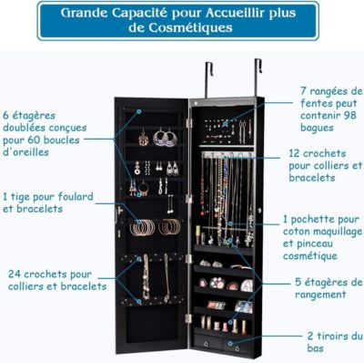 Armoire a Bijoux Suspendu avec Eclairage LED Miroir Plein sans Cadre et 2 Tiroirs pour Ranger Boucles Oreilles Colliers Noir