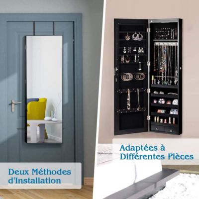 Armoire a Bijoux Suspendu avec Eclairage LED Miroir Plein sans Cadre et 2 Tiroirs pour Ranger Boucles Oreilles Colliers Noir